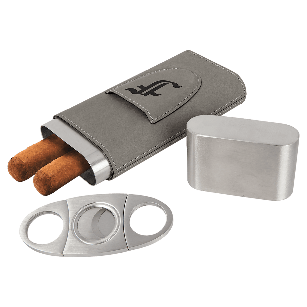 Gray Laserable Leatherette Cigar Case with Cutter
