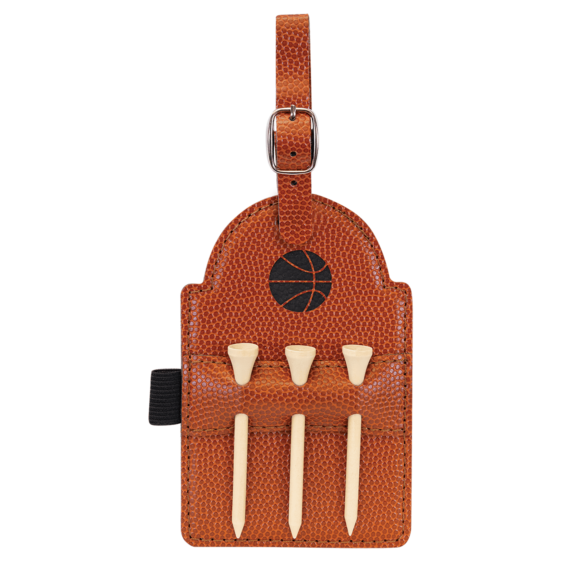 Basketball 5" x 3 1/4" Laserable Leatherette Golf Bag Tag with 3 Wooden Tees