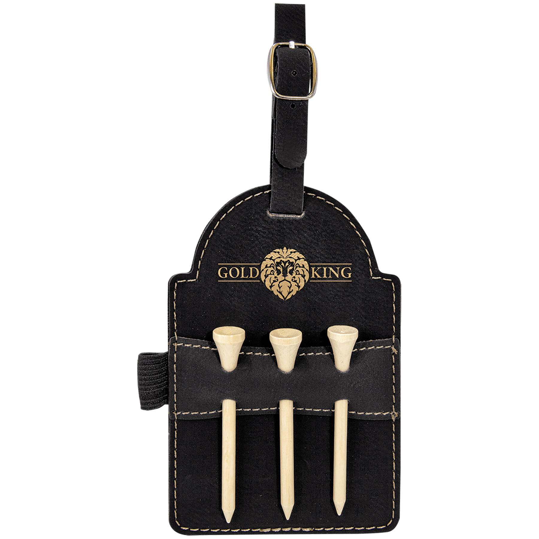 Black/Gold 5" x 3 1/4" Laserable Leatherette Golf Bag Tag with 3 Wooden Tees