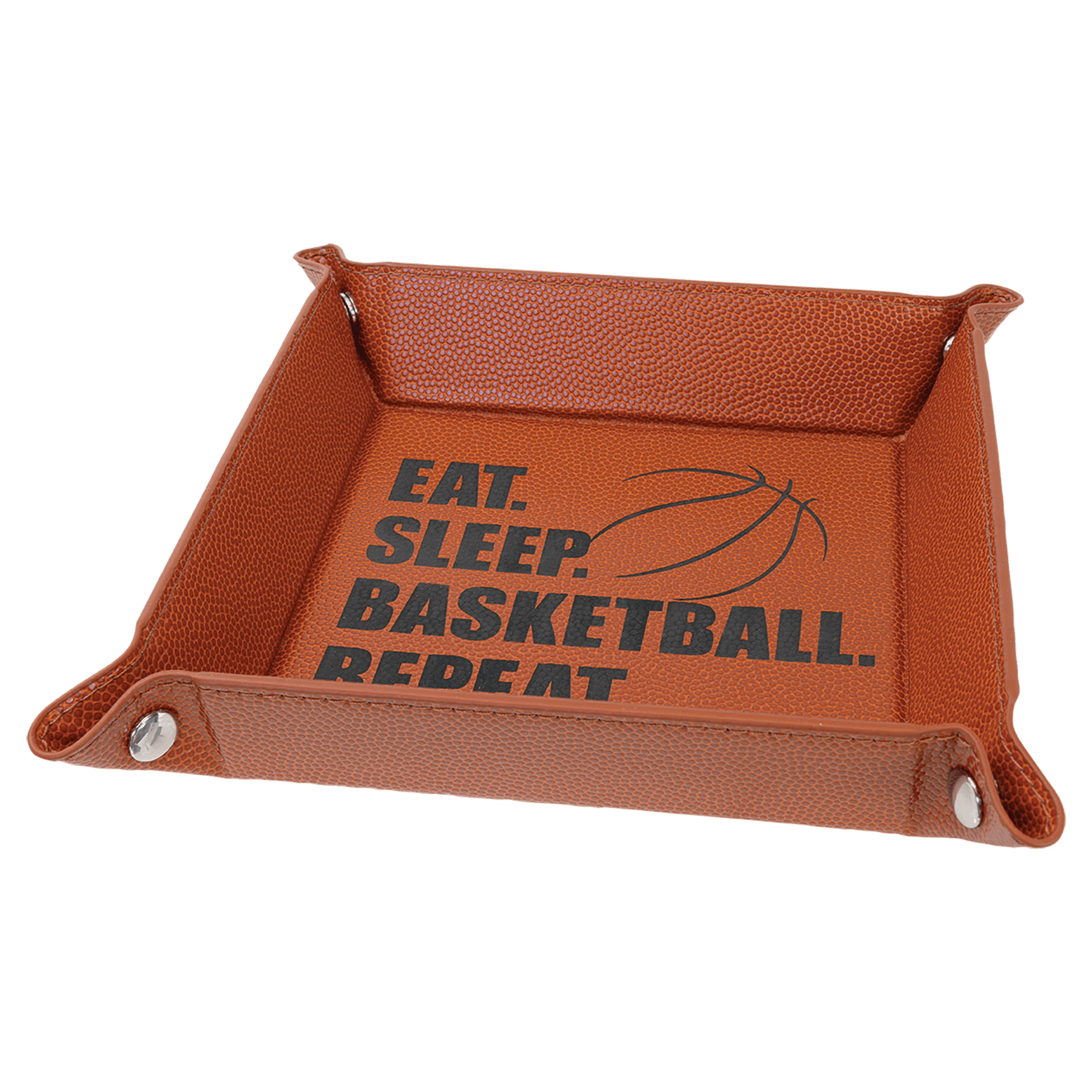 Basketball Silver 6" x 6" Laserable Leatherette Snap Up Tray with Snaps