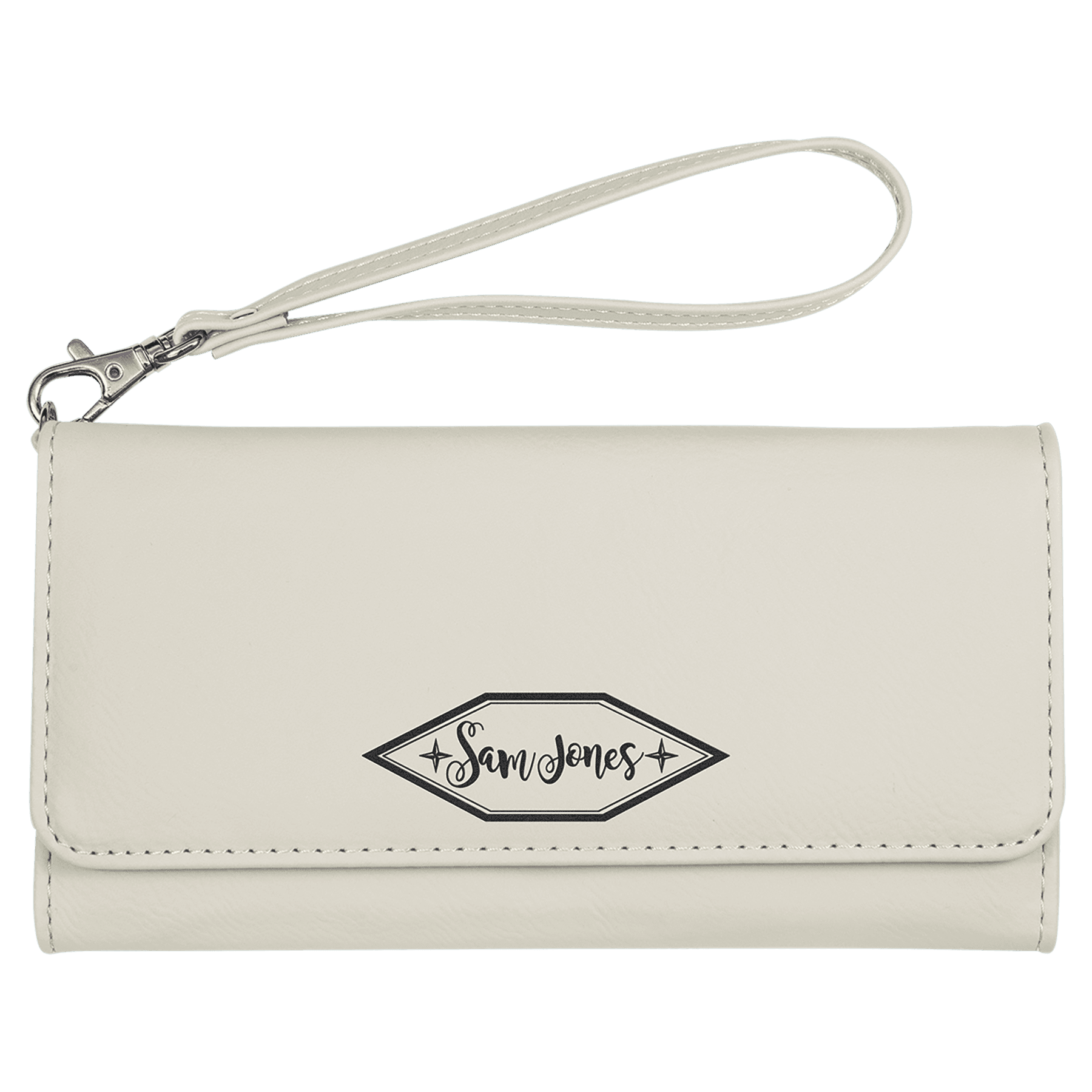 White 7 1/2" x 4" Laserable Leatherette Wallet with Strap