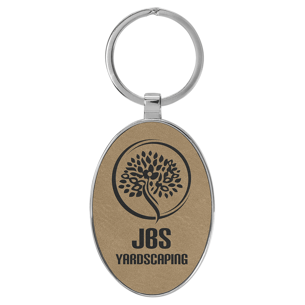 Light Brown 3" x 1 3/4" Laserable Leatherette/Metal Oval Keychain