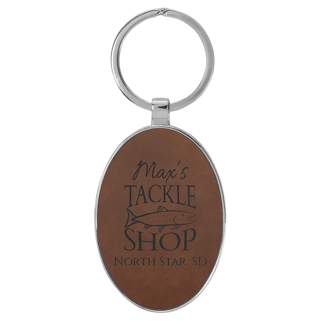 Dark Brown 3" x 1 3/4" Laserable Leatherette/Metal Oval Keychain