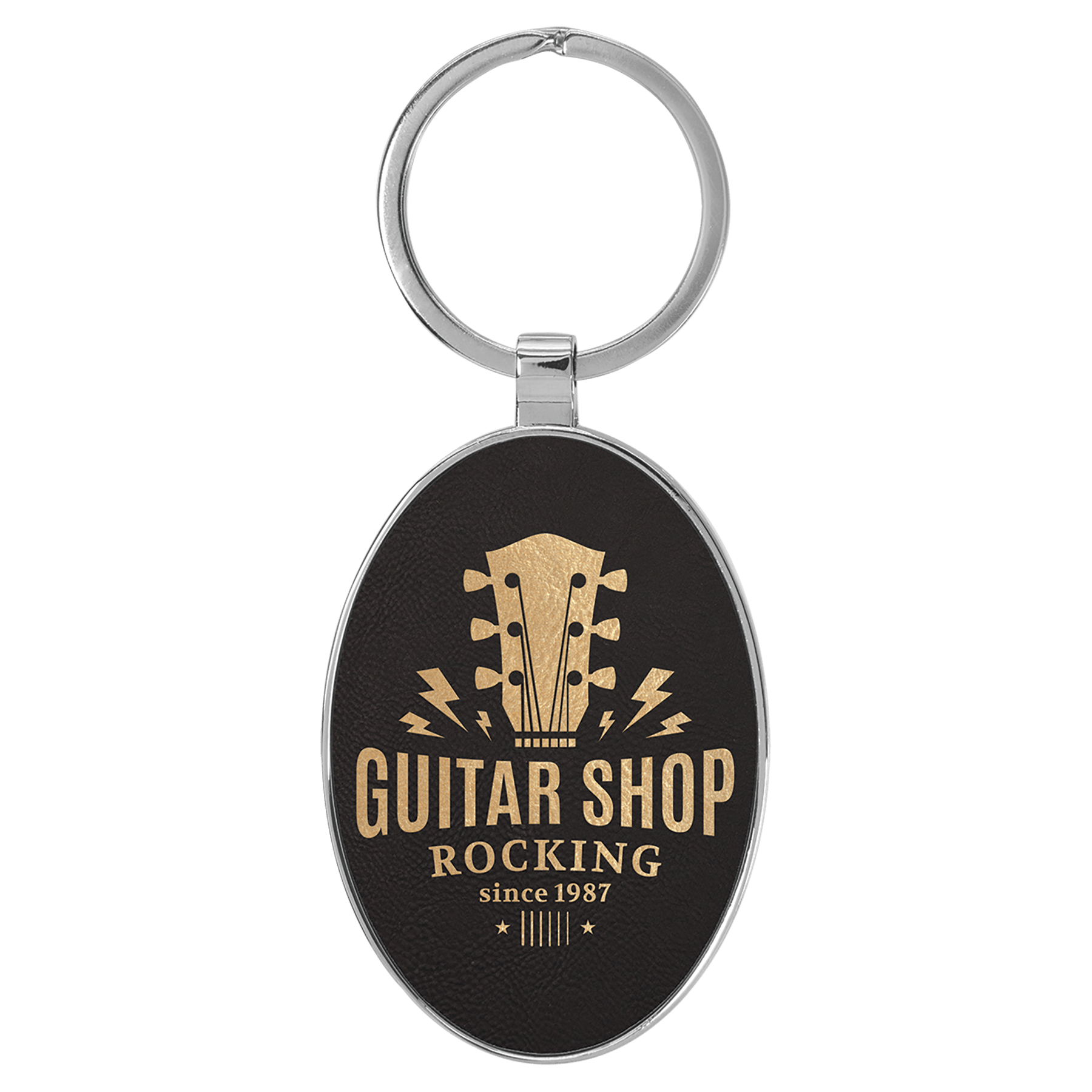 Black/Gold 3" x 1 3/4" Laserable Leatherette/Metal Oval Keychain