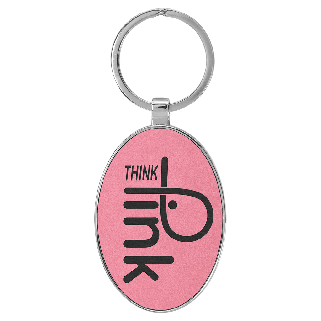 Pink 3" x 1 3/4" Laserable Leatherette/Metal Oval Keychain