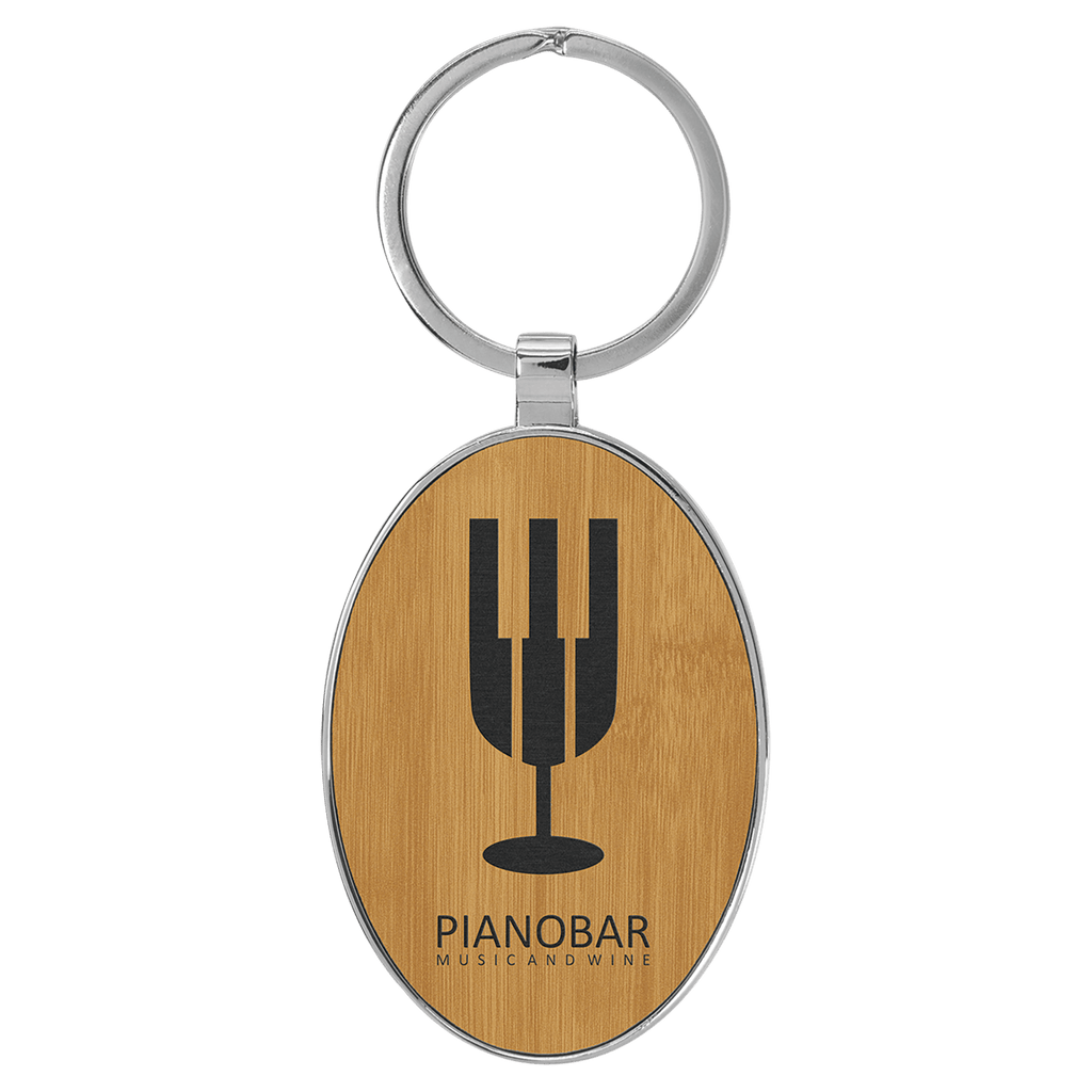 Bamboo 3" x 1 3/4" Laserable Leatherette/Metal Oval Keychain