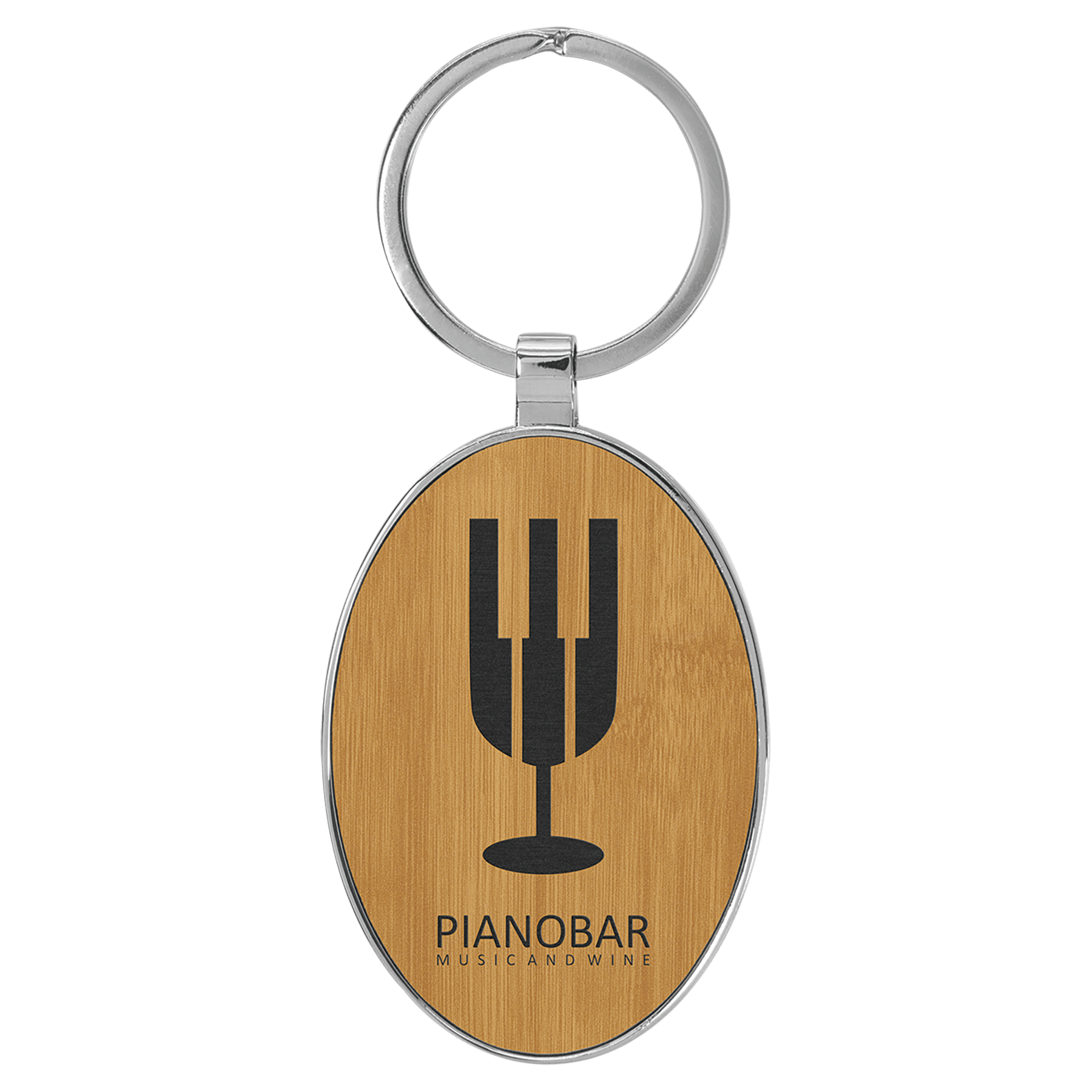 Bamboo 3" x 1 3/4" Laserable Leatherette/Metal Oval Keychain