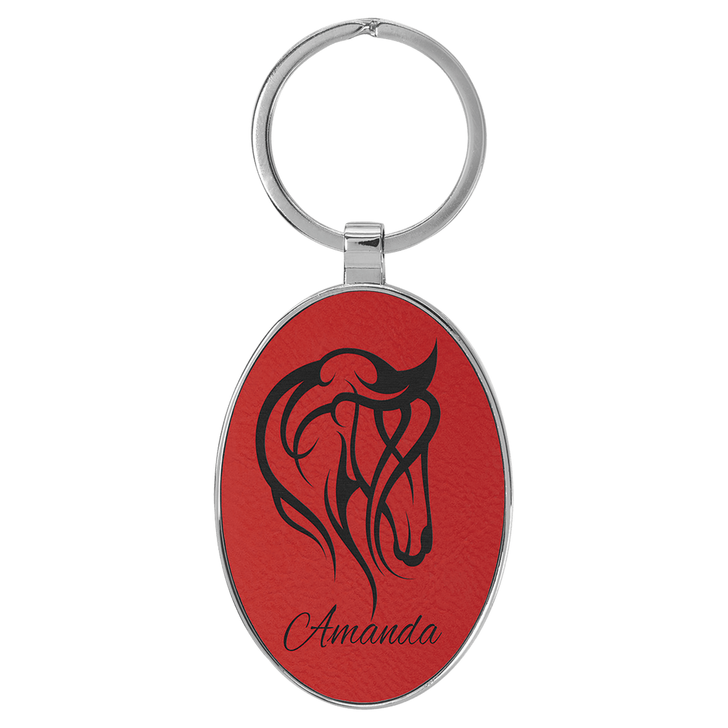 Red 3" x 1 3/4" Laserable Leatherette/Metal Oval Keychain