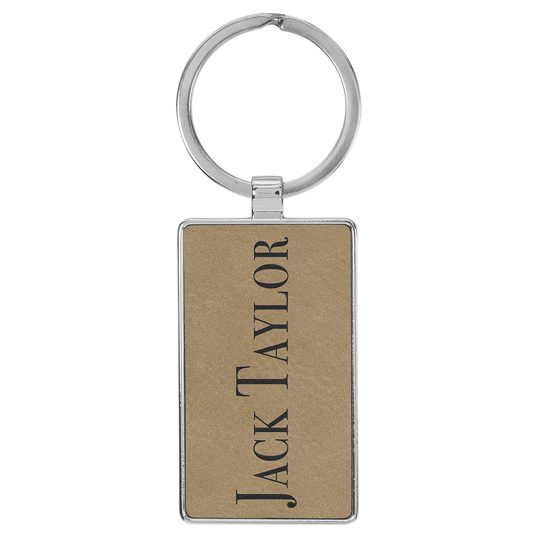 Light Brown 2 3/4" x 1 1/4" Laserable Leatherette/Metal Rectangle Keychain