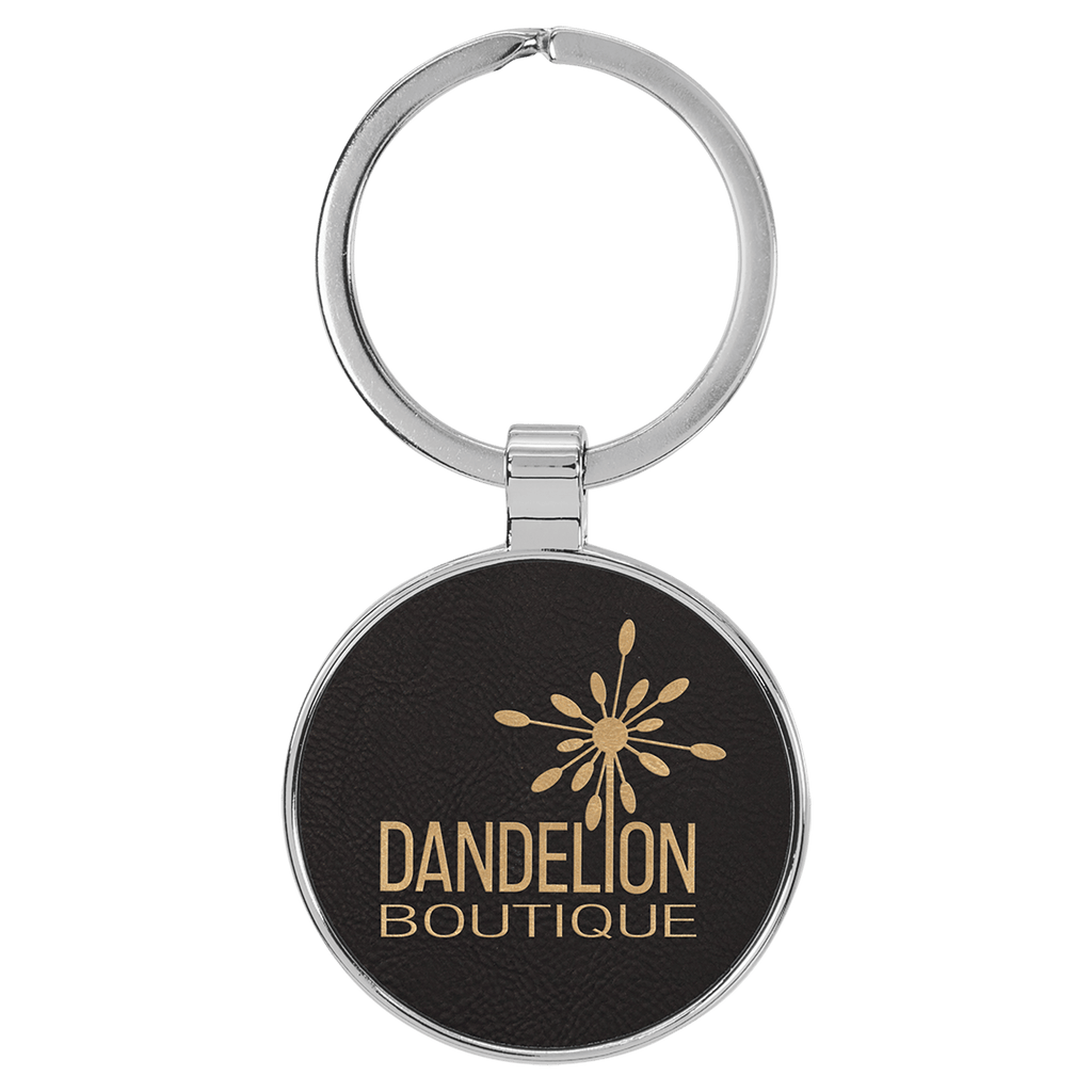Black/Gold 1 1/2" Laserable Leatherette/Metal Round Keychain