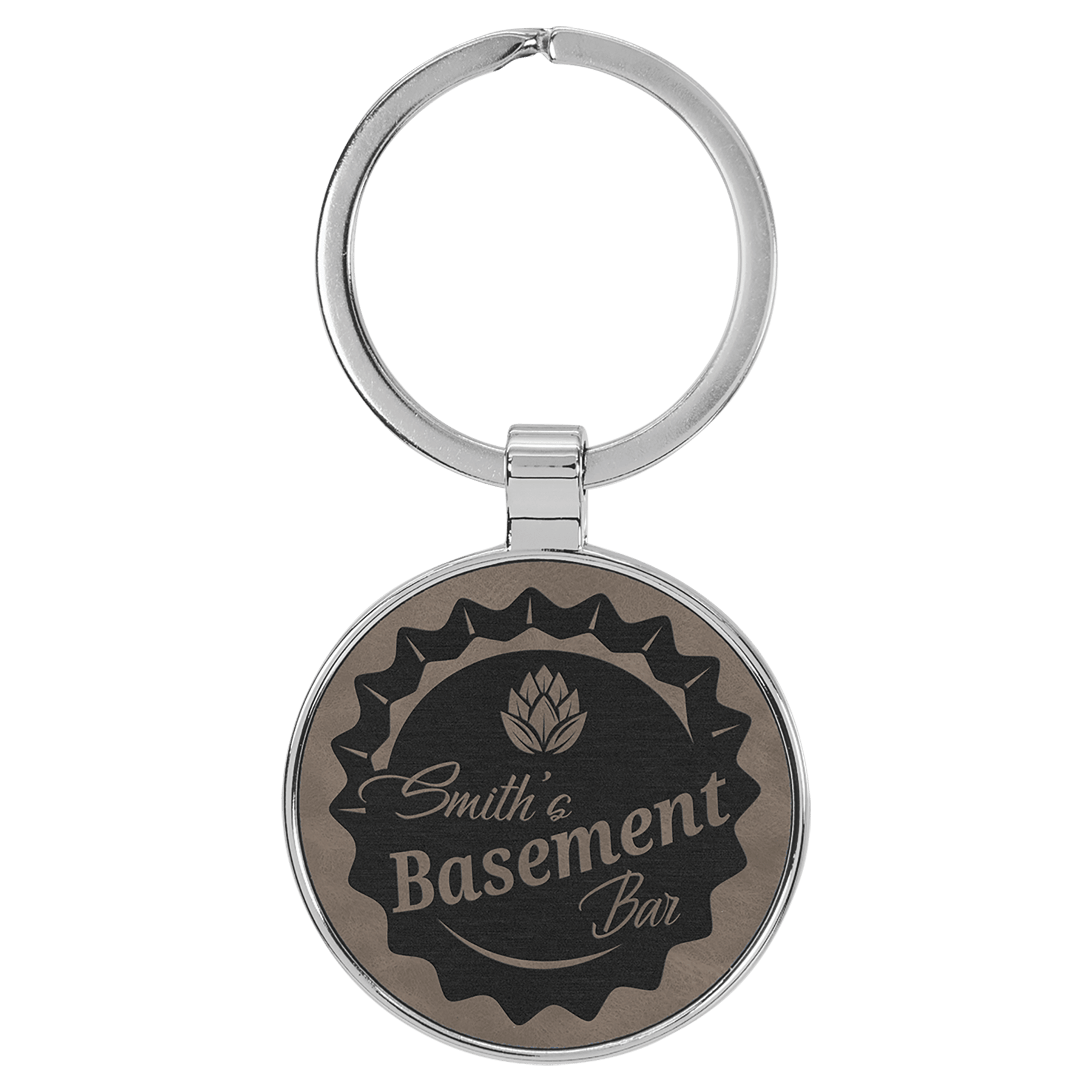 Gray 1 1/2" Laserable Leatherette/Metal Round Keychain
