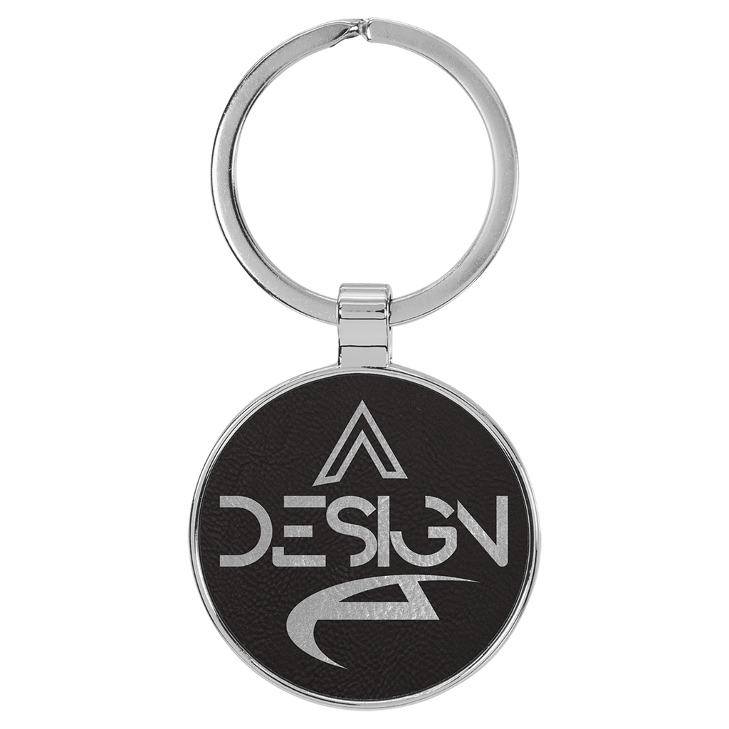 Black/Silver 1 1/2" Laserable Leatherette/Metal Round Keychain