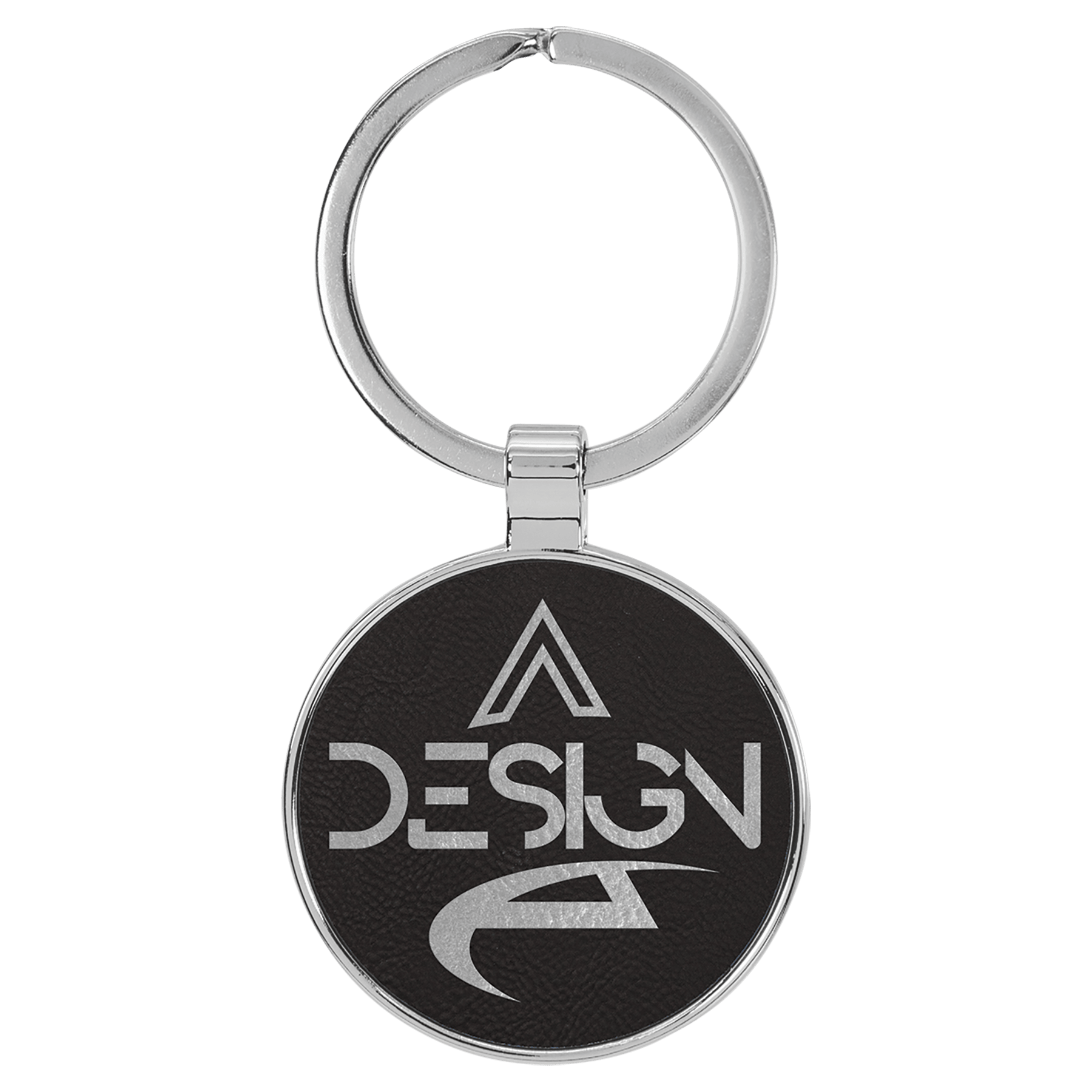 Black/Silver 1 1/2" Laserable Leatherette/Metal Round Keychain