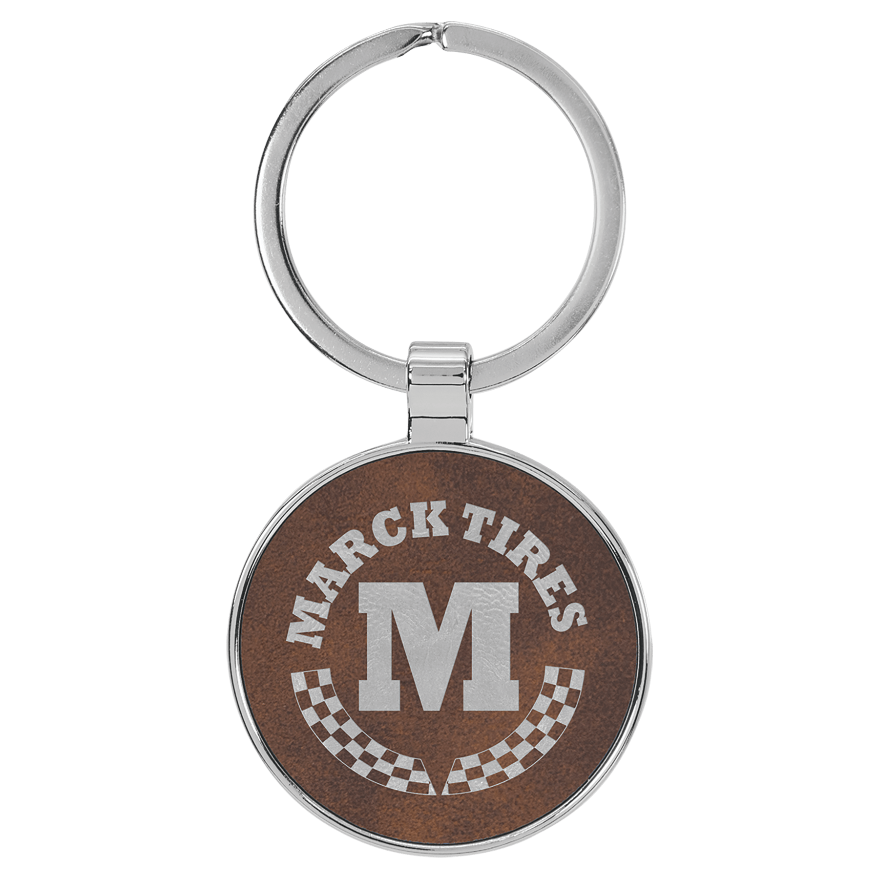 Rustic/Silver 1 1/2" Laserable Leatherette/Metal Round Keychain