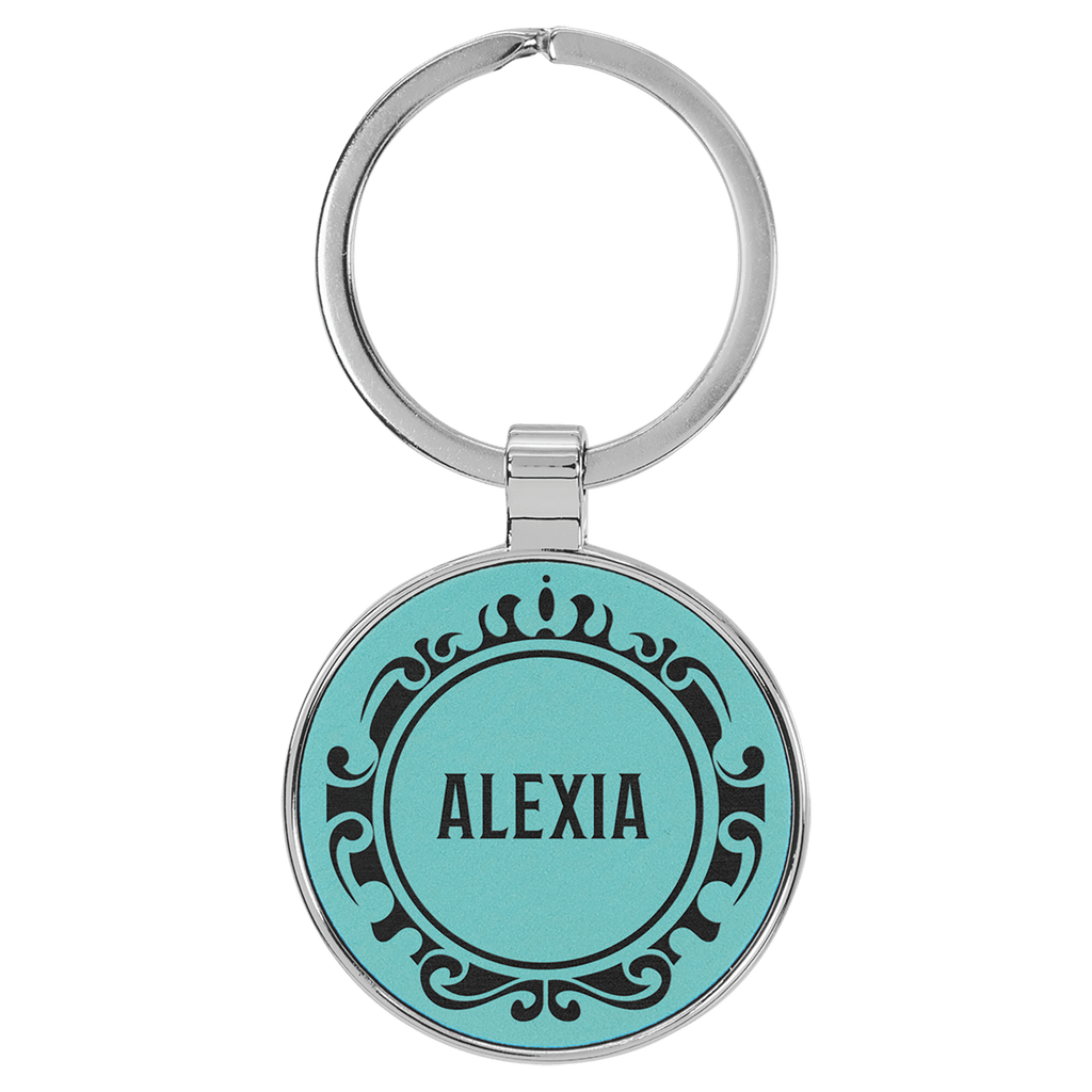 Teal 1 1/2" Laserable Leatherette/Metal Round Keychain