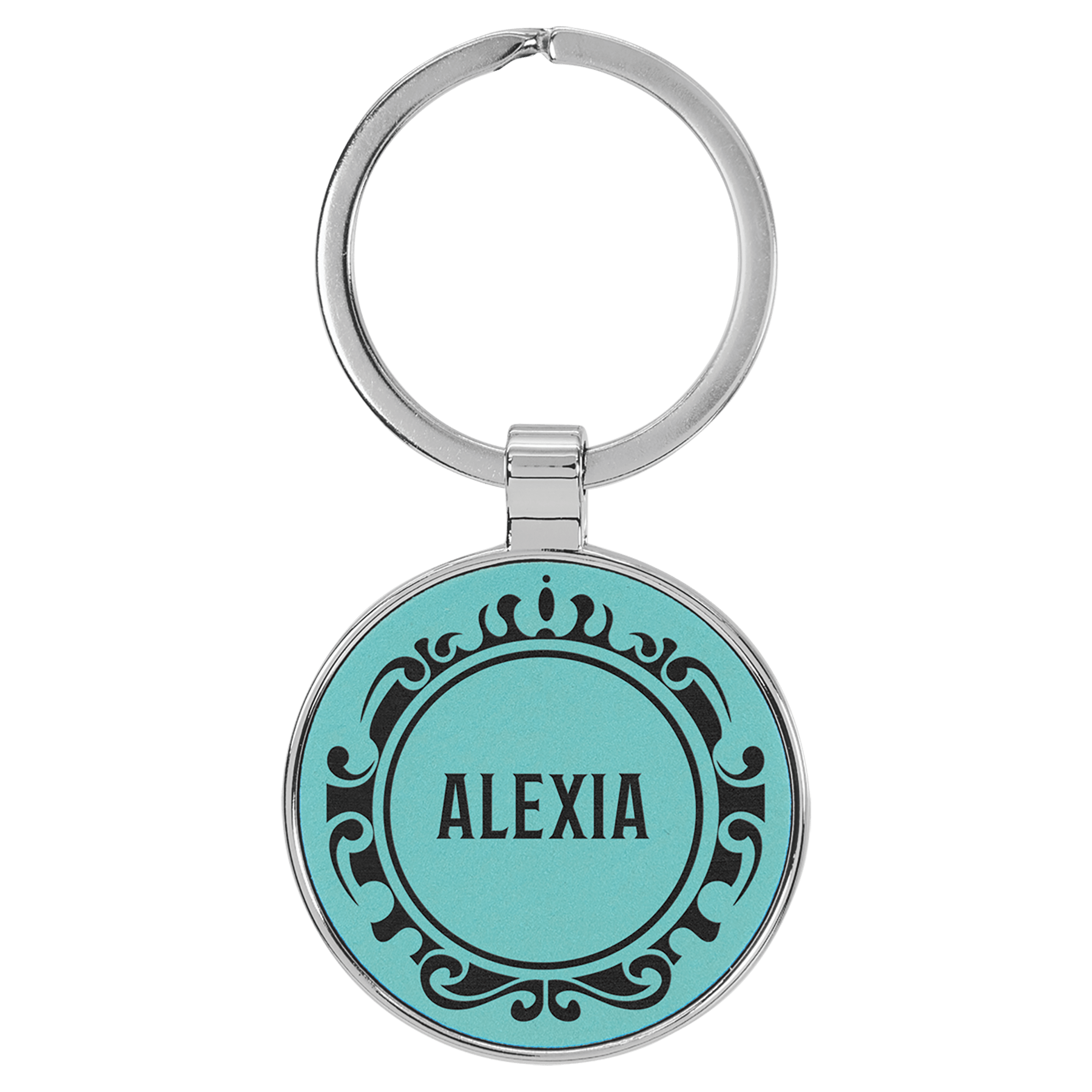 Teal 1 1/2" Laserable Leatherette/Metal Round Keychain