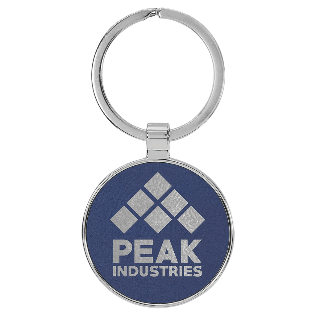 Blue/Silver 1 1/2" Laserable Leatherette/Metal Round Keychain