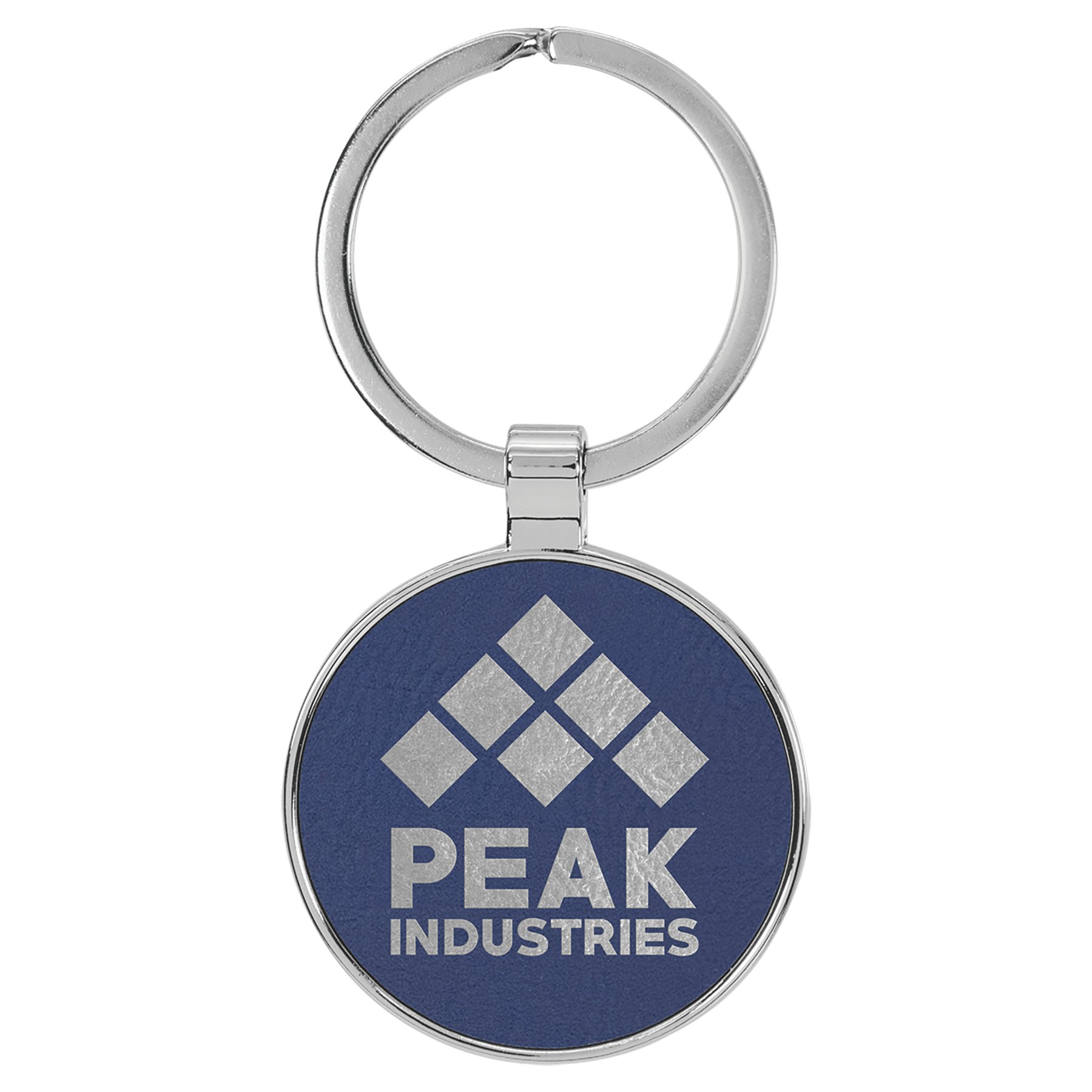 Blue/Silver 1 1/2" Laserable Leatherette/Metal Round Keychain