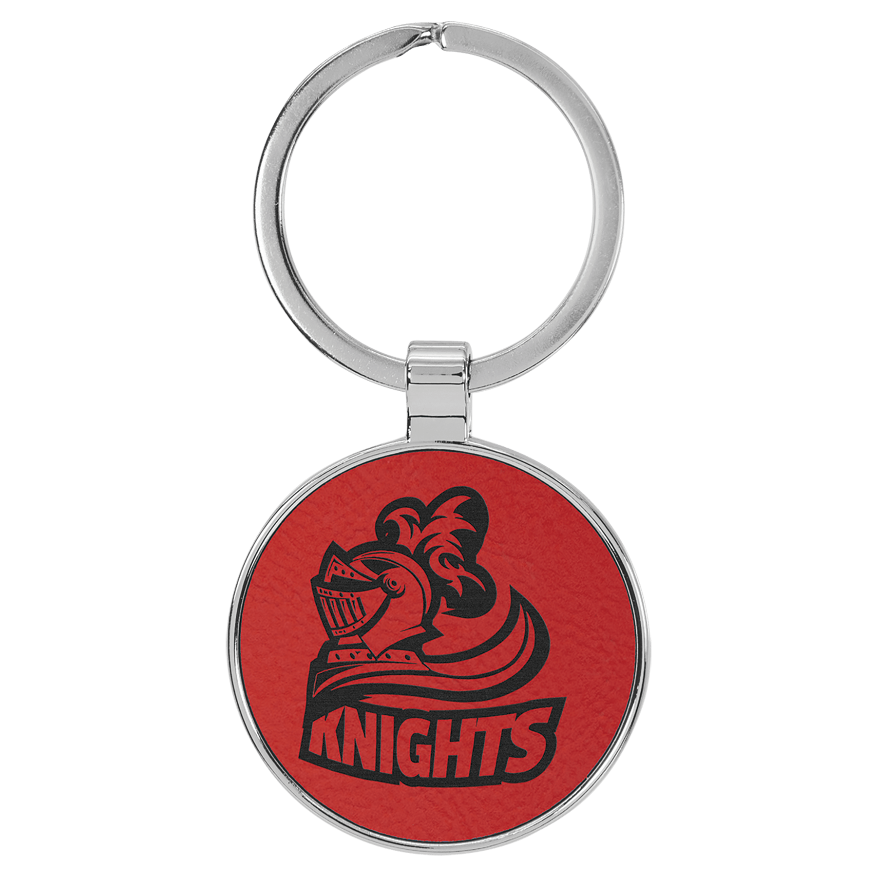 Red 1 1/2" Laserable Leatherette/Metal Round Keychain