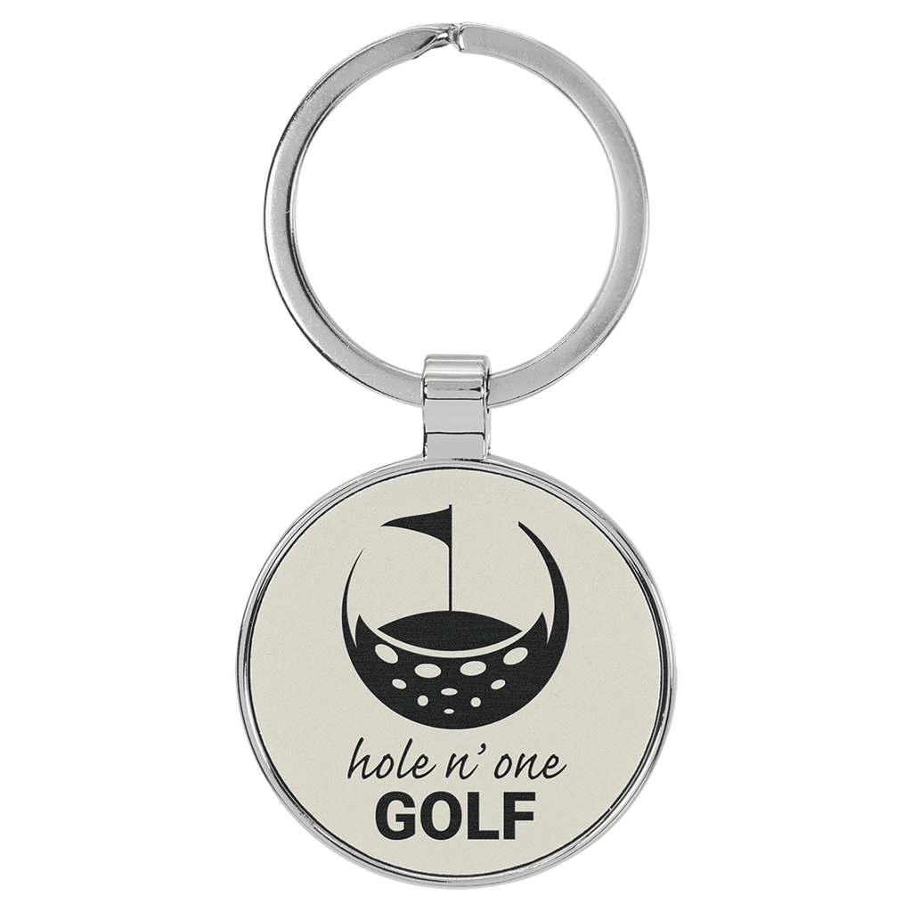 White 1 1/2" Laserable Leatherette/Metal Round Keychain