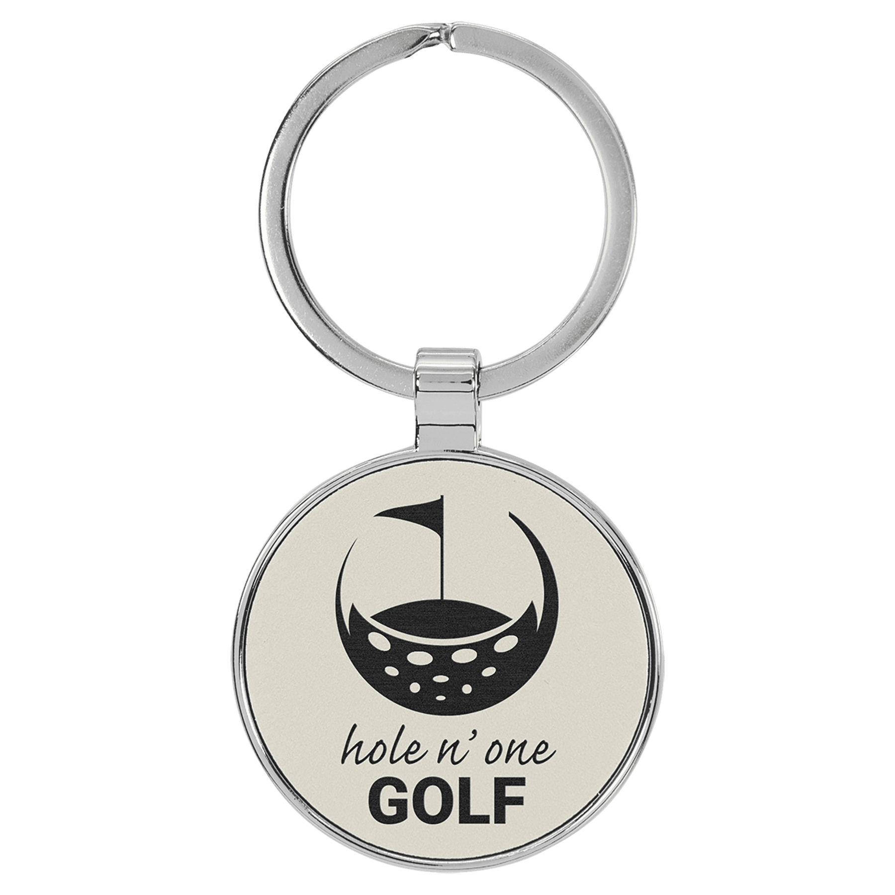 White 1 1/2" Laserable Leatherette/Metal Round Keychain