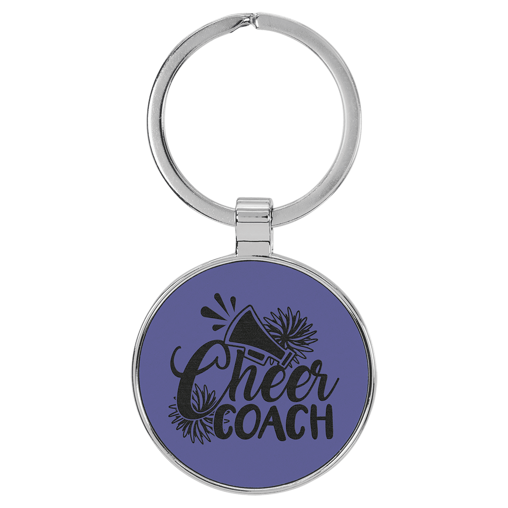 Purple 1 1/2" Laserable Leatherette/Metal Round Keychain