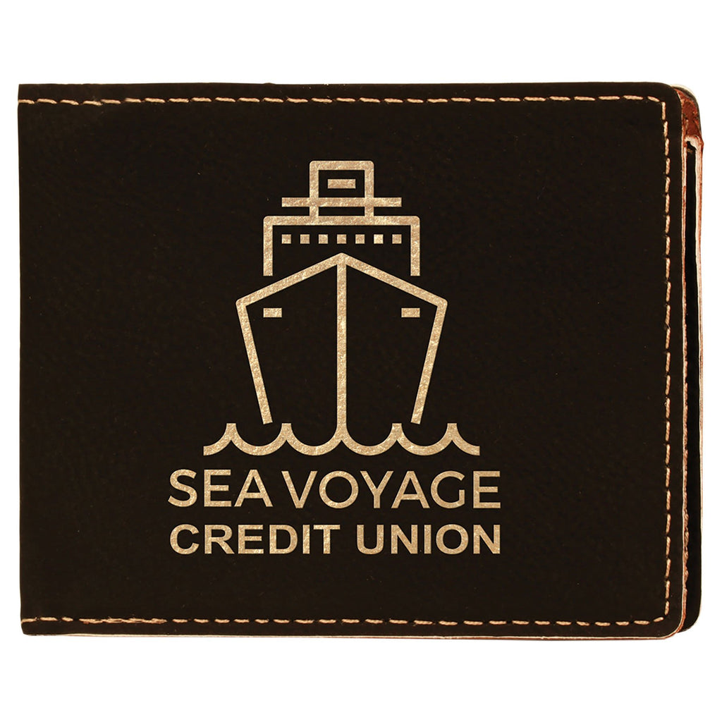 Black/Gold 4 1/2" x 3 1/2" Laserable Leatherette Bifold Wallet