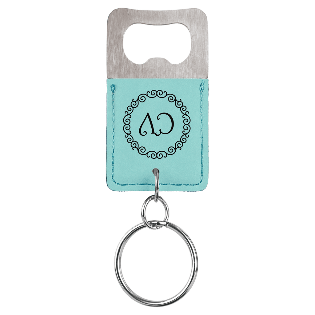 Teal Rectangle Laserable Leatherette Bottle Opener Keychain