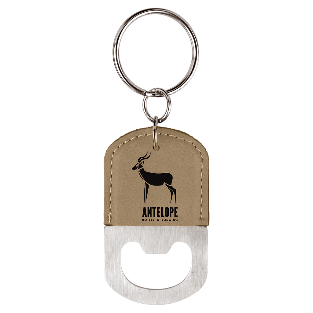 Light Brown Oval Laserable Leatherette Bottle Opener Keychain