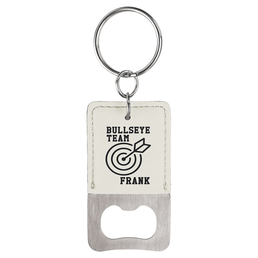 White Rectangle Laserable Leatherette Bottle Opener Keychain