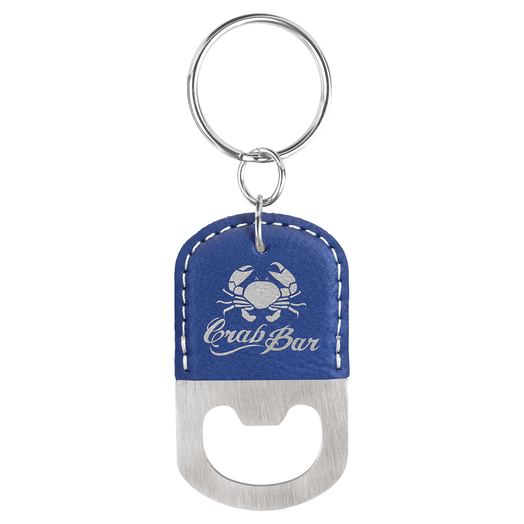 Blue/Silver Oval Laserable Leatherette Bottle Opener Keychain