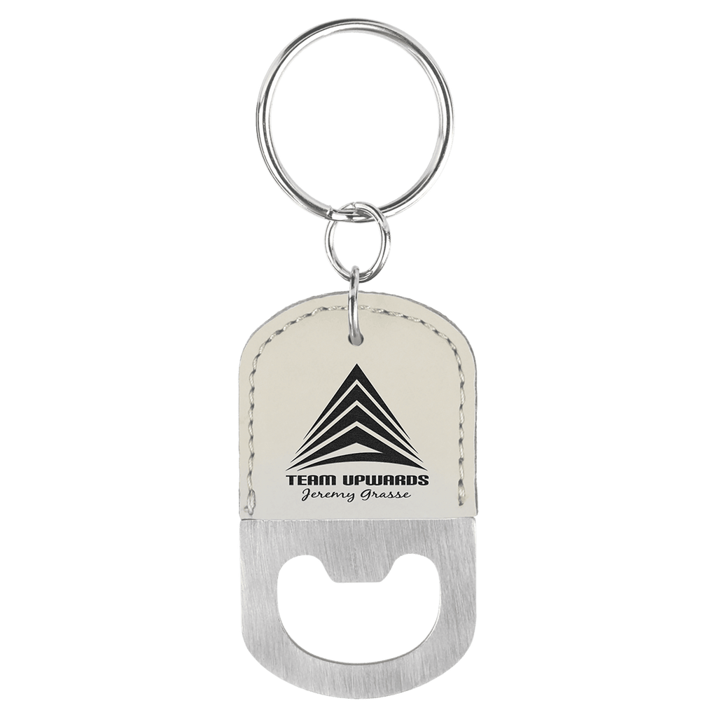 White Oval Laserable Leatherette Bottle Opener Keychain