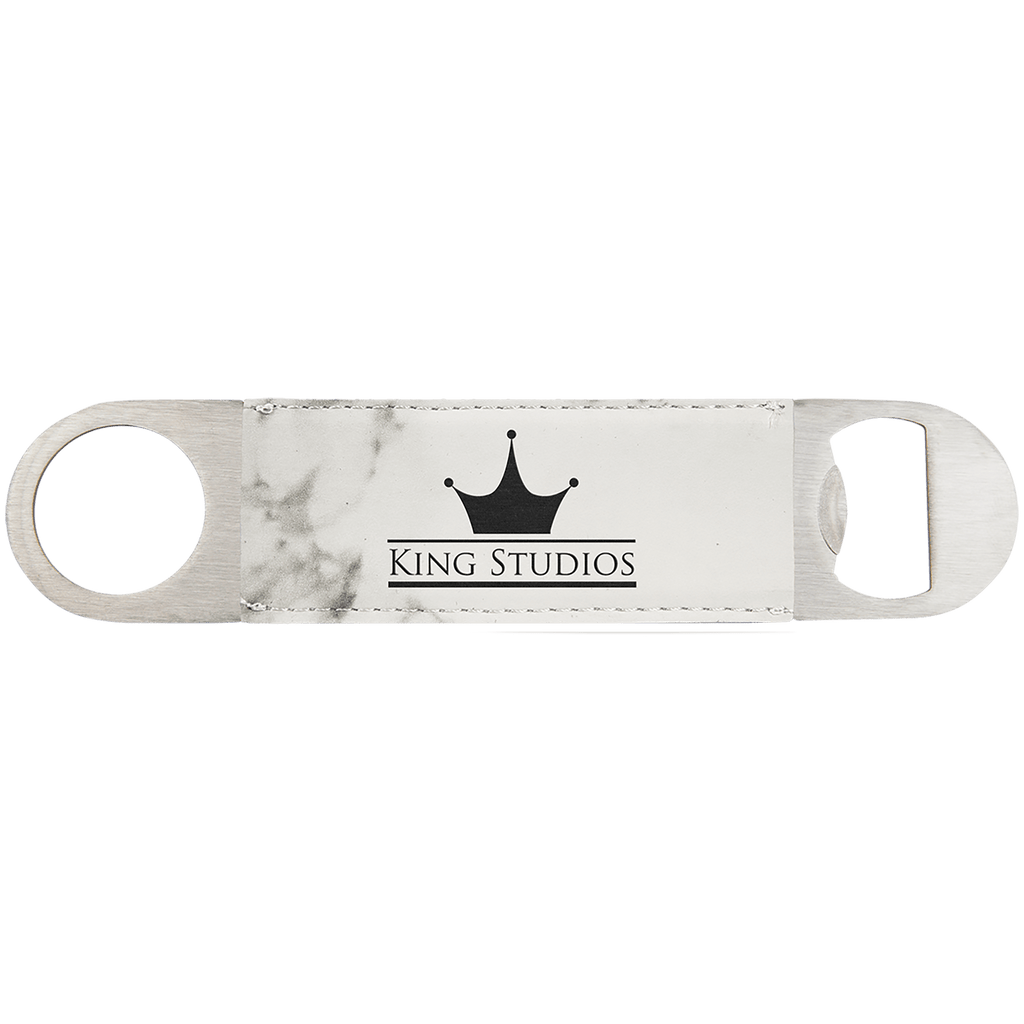 White Marble 1 1/2" x 7" Laserable Leatherette Bottle Opener