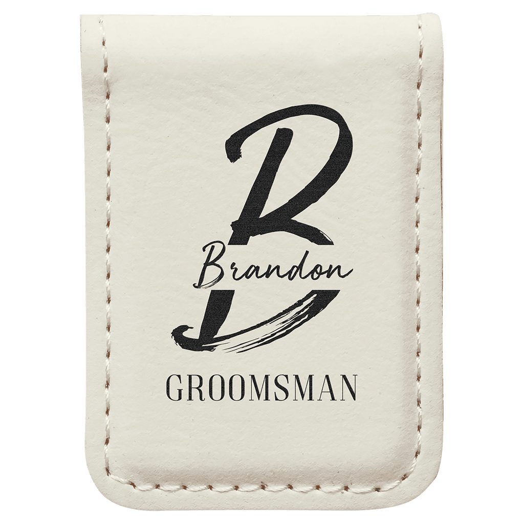 White 1 3/4" x 2 1/2" Laserable Leatherette Money Clip