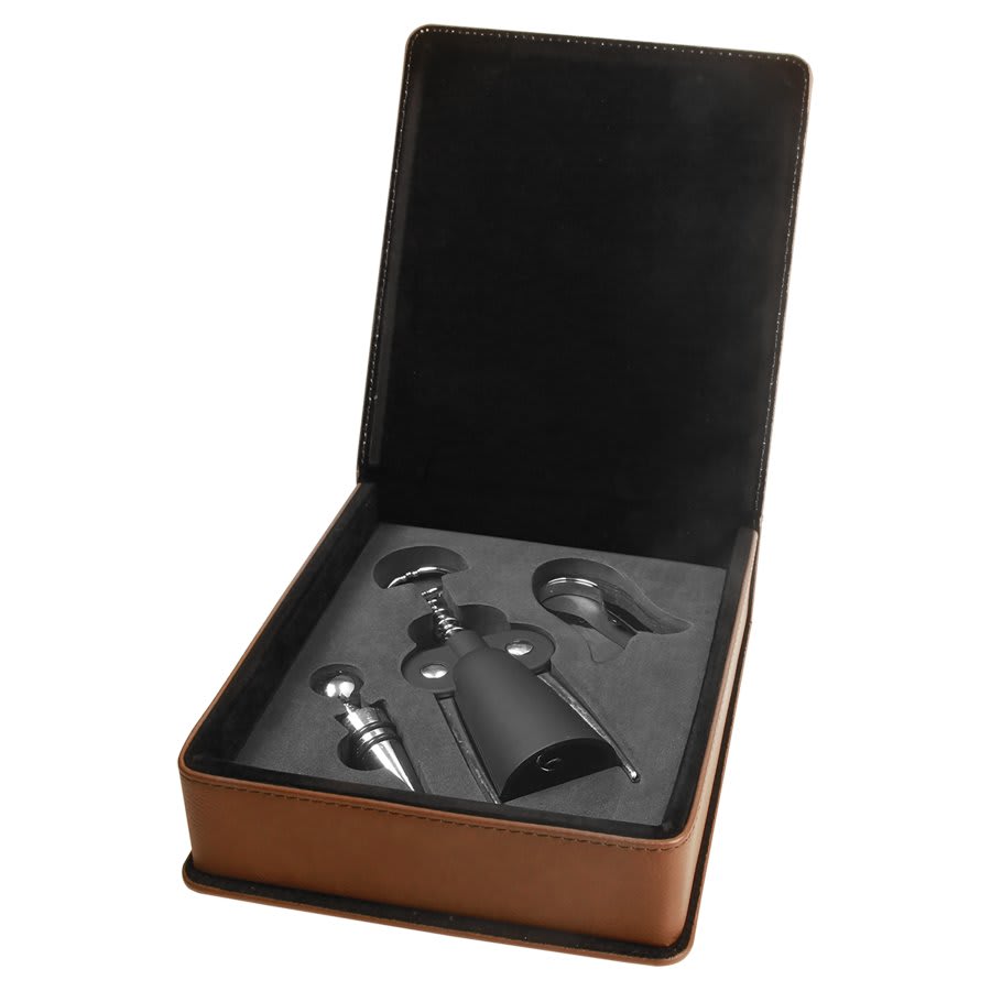 Dark Brown Laserable Leatherette 3-Piece Wine Tool Gift Set